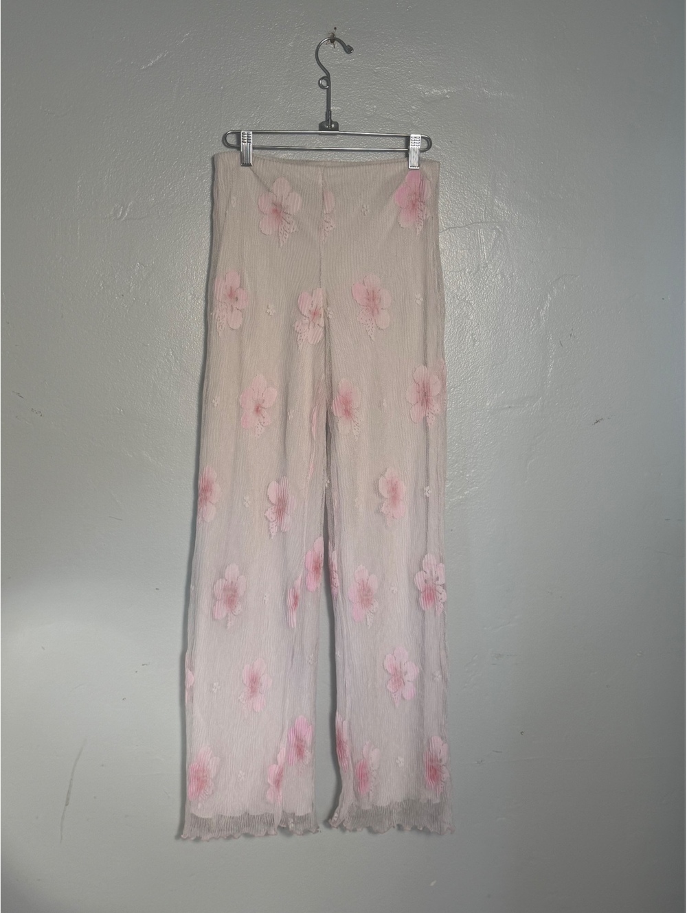 Sheer White Mesh Pants with Pink Floral Embroidery